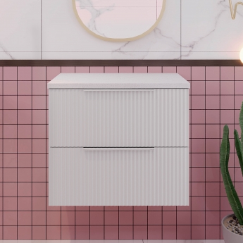 Hudson Reed Fluted Wall Hung 2-Drawer Vanity Unit with Sparkling White Worktop 600mm Wide - Satin White