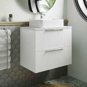 Hudson Reed Fluted Wall Hung 2-Drawer Vanity Unit with Sparkling White Worktop 600mm Wide - Satin White