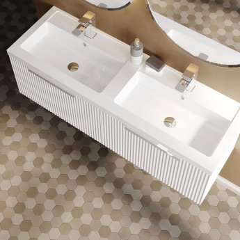 Hudson Reed Fluted Wall Hung 2-Drawer Vanity Unit with Double Polymarble Basin 1200mm Wide - Satin White | Product Image