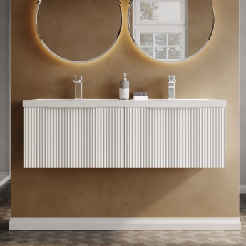 Hudson Reed Fluted Wall Hung 2-Drawer Vanity Unit with Double Polymarble Basin 1200mm Wide - Satin White | Product Image