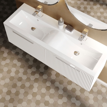 Hudson Reed Fluted Wall Hung 2-Drawer Vanity Unit with Double Ceramic Basin 1200mm Wide - Satin White | Product Image
