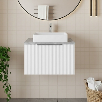 Hudson Reed Fluted Wall Hung 1-Drawer Vanity Unit with Bellato Grey Worktop 600mm Wide - Satin White