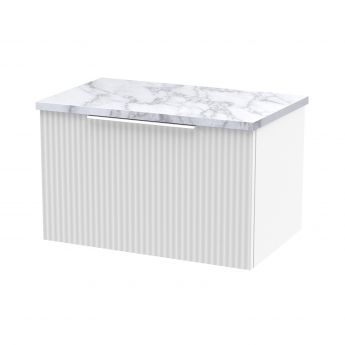 Hudson Reed Fluted Wall Hung 1-Drawer Vanity Unit with Carrera Marble Worktop 600mm Wide - Satin White | Product Image