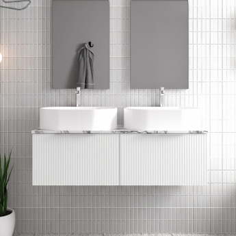 Hudson Reed Fluted Wall Hung 2-Drawer Vanity Unit with Carrera Marble Worktop 1200mm Wide - Satin White | Product Image