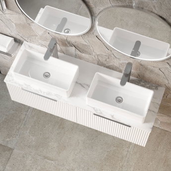 Hudson Reed Fluted Wall Hung 2-Drawer Vanity Unit with Carrara Marble Worktop 1200mm Wide - Satin White | Product Image