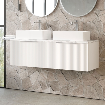 Hudson Reed Fluted Wall Hung 2-Drawer Vanity Unit with Carrara Marble Worktop 1200mm Wide - Satin White | Product Image