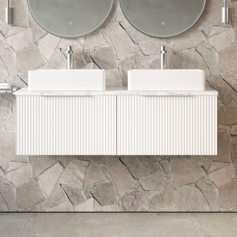 Hudson Reed Fluted Wall Hung 2-Drawer Vanity Unit with Carrara Marble Worktop 1200mm Wide - Satin White | Product Image