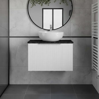 Hudson Reed Fluted Wall Hung 1-Drawer Vanity Unit with Sparkling Black Worktop 600mm Wide - Satin White