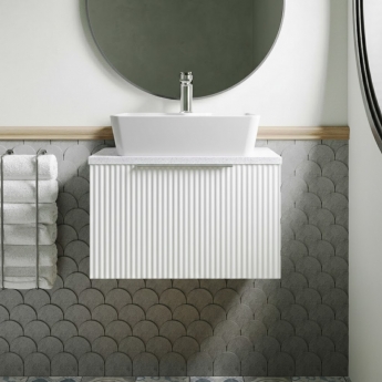 Hudson Reed Fluted Wall Hung 1-Drawer Vanity Unit with Sparkling White Worktop 600mm Wide - Satin White