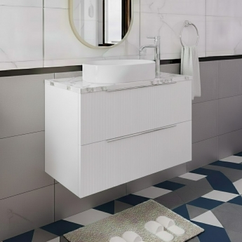 Hudson Reed Fluted Wall Hung 2-Drawer Vanity Unit with Carrera Marble Worktop 800mm Wide - Satin White | Product Image