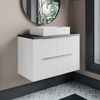 Hudson Reed Fluted Wall Hung 2-Drawer Vanity Unit with Sparkling Black Worktop 800mm Wide - Satin White