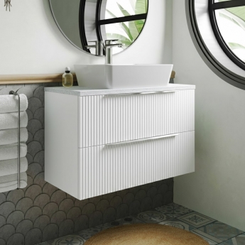 Hudson Reed Fluted Wall Hung 2-Drawer Vanity Unit with Sparkling White Worktop 800mm Wide - Satin White