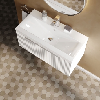 Hudson Reed Fluted Wall Hung 1-Drawer Vanity Unit with Basin 1 800mm Wide - Satin White | Product Image