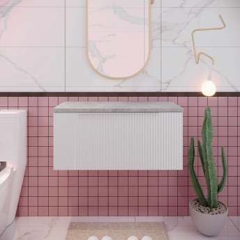 Hudson Reed Fluted Wall Hung 1-Drawer Vanity Unit with Bellato Grey Worktop 800mm Wide - Satin White