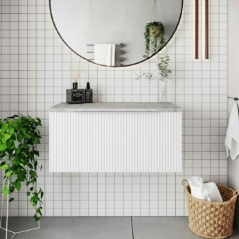 Hudson Reed Fluted Wall Hung 1-Drawer Vanity Unit with Bellato Grey Worktop 800mm Wide - Satin White
