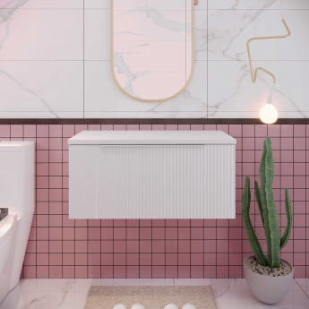 Hudson Reed Fluted Wall Hung 1-Drawer Vanity Unit with Sparkling White Worktop 800mm Wide - Satin White