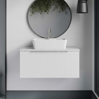 Hudson Reed Fluted Wall Hung 1-Drawer Vanity Unit with Sparkling White Worktop 800mm Wide - Satin White