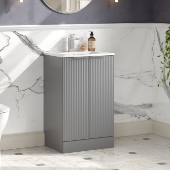 Hudson Reed Fluted Floor Standing 2-Door Vanity Unit with Basin 2 500mm Wide - Satin Grey | Product Image