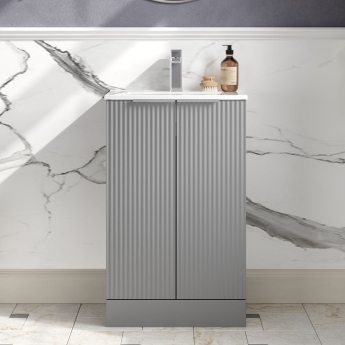 Hudson Reed Fluted Floor Standing 2-Door Vanity Unit with Basin 2 500mm Wide - Satin Grey | Product Image