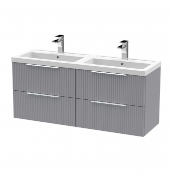 Hudson Reed Fluted Wall Hung 4-Drawer Vanity Unit with Double Polymarble Basin 1200mm Wide - Satin Grey
