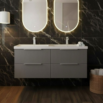 Hudson Reed Fluted Wall Hung 4-Drawer Vanity Unit with Double Polymarble Basin 1200mm Wide - Satin Grey
