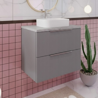 Hudson Reed Fluted Wall Hung 2-Drawer Vanity Unit with Bellato Grey Worktop 600mm Wide - Satin Grey