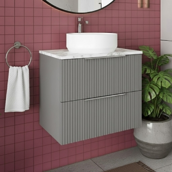 Hudson Reed Fluted Wall Hung 2-Drawer Vanity Unit with Carrera Marble Worktop 600mm Wide - Satin Grey | Product Image