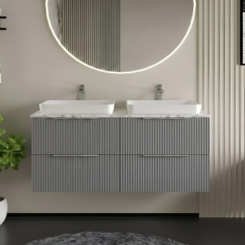 Hudson Reed Fluted Wall Hung 4-Drawer Vanity Unit with Carrera Marble Worktop 1200mm Wide - Satin Grey | Product Image