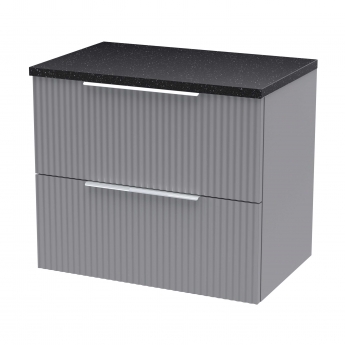 Hudson Reed Fluted Wall Hung 2-Drawer Vanity Unit with Sparkling Black Worktop 600mm Wide - Satin Grey
