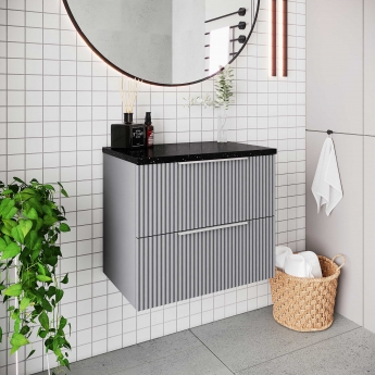 Hudson Reed Fluted Wall Hung 2-Drawer Vanity Unit with Sparkling Black Worktop 600mm Wide - Satin Grey