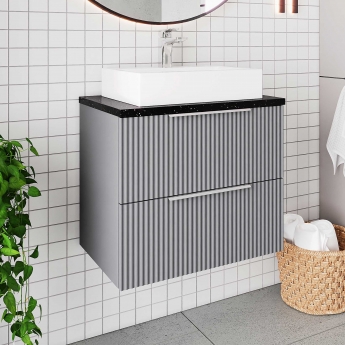 Hudson Reed Fluted Wall Hung 2-Drawer Vanity Unit with Sparkling Black Worktop 600mm Wide - Satin Grey