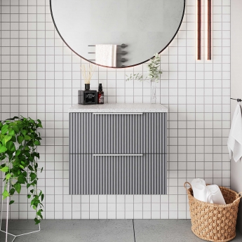Hudson Reed Fluted Wall Hung 2-Drawer Vanity Unit with Sparkling White Worktop 600mm Wide - Satin Grey