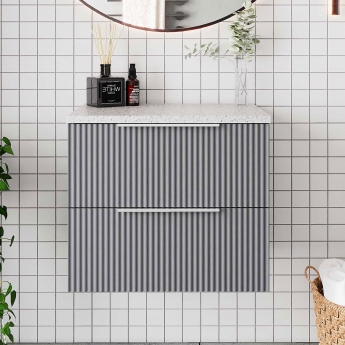 Hudson Reed Fluted Wall Hung 2-Drawer Vanity Unit with Sparkling White Worktop 600mm Wide - Satin Grey
