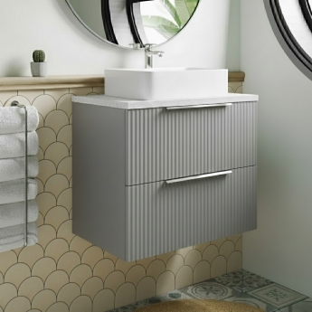 Hudson Reed Fluted Wall Hung 2-Drawer Vanity Unit with Sparkling White Worktop 600mm Wide - Satin Grey