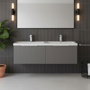 Hudson Reed Fluted Wall Hung 2-Drawer Vanity Unit with Double Polymarble Basin 1200mm Wide - Satin Grey