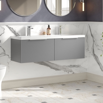 Hudson Reed Fluted Wall Hung 2-Drawer Vanity Unit with Double Ceramic Basin 1200mm Wide - Satin Grey | Product Image