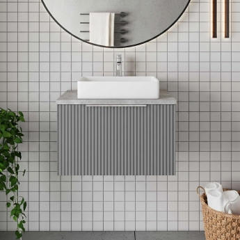 Hudson Reed Fluted Wall Hung 1-Drawer Vanity Unit with Bellato Grey Worktop 600mm Wide - Satin Grey