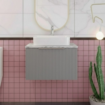 Hudson Reed Fluted Wall Hung 1-Drawer Vanity Unit with Carrera Marble Worktop 600mm Wide - Satin Grey | Product Image