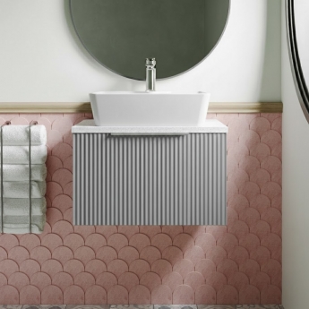 Hudson Reed Fluted Wall Hung 1-Drawer Vanity Unit with Sparkling White Worktop 600mm Wide - Satin Grey