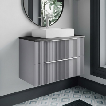 Hudson Reed Fluted Wall Hung 2-Drawer Vanity Unit with Sparkling Black Worktop 800mm Wide - Satin Grey