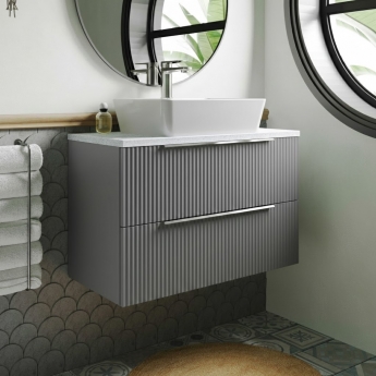 Hudson Reed Fluted Wall Hung 2-Drawer Vanity Unit with Sparkling White Worktop 800mm Wide - Satin Grey