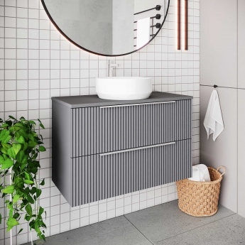 Hudson Reed Fluted Wall Hung 2-Drawer Vanity Unit with Worktop 800mm Wide - Satin Grey