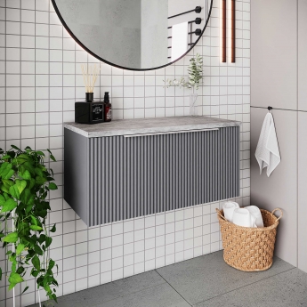 Hudson Reed Fluted Wall Hung 1-Drawer Vanity Unit with Bellato Grey Worktop 800mm Wide - Satin Grey