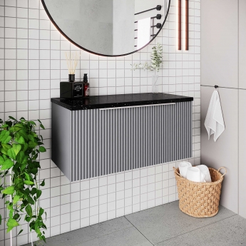 Hudson Reed Fluted Wall Hung 1-Drawer Vanity Unit with Sparkling Black Worktop 800mm Wide - Satin Grey
