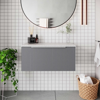 Hudson Reed Fluted Wall Hung 1-Drawer Vanity Unit with Sparkling White Worktop 800mm Wide - Satin Grey