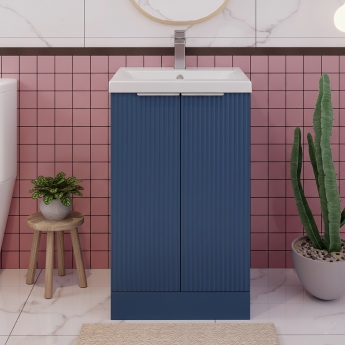 Hudson Reed Fluted Floor Standing 2-Door Vanity Unit with Basin 3 500mm Wide - Satin Blue