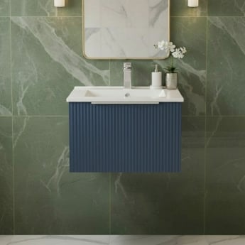 Hudson Reed Fluted Wall Hung 1-Drawer Vanity Unit with Basin 2 500mm Wide - Satin Blue