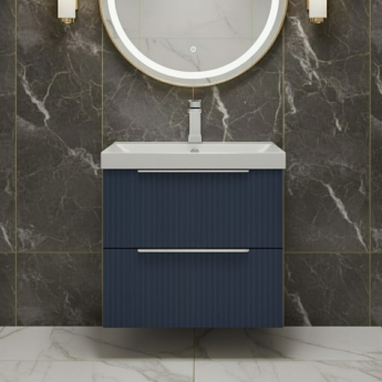 Hudson Reed Fluted Wall Hung 2-Drawer Vanity Unit with Basin 3 500mm Wide - Satin Blue
