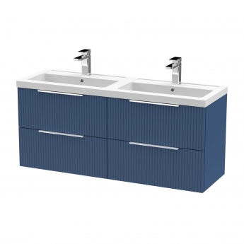 Hudson Reed Fluted Wall Hung 4-Drawer Vanity Unit with Double Polymarble Basin 1200mm Wide - Satin Blue