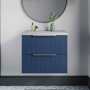 Hudson Reed Fluted Wall Hung 2-Drawer Vanity Unit with Bellato Grey Worktop 600mm Wide - Satin Blue